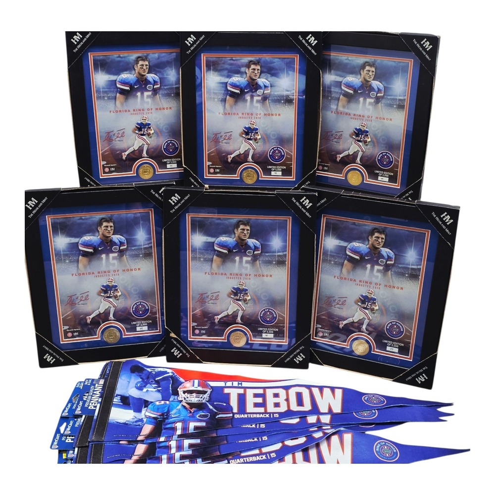 Tim Tebow Ring of Honor Bronze Coin Photo Lot x6 + 20 Pennants Florida Gators